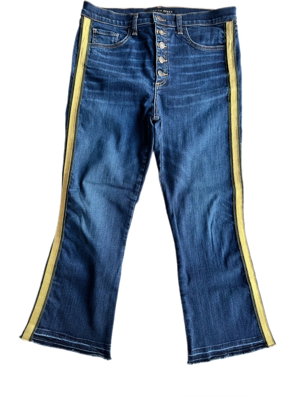 Veronica Beard Carolyn Baby Boot Gold Green Stripe Jeans Size 30 Dark Vintage
